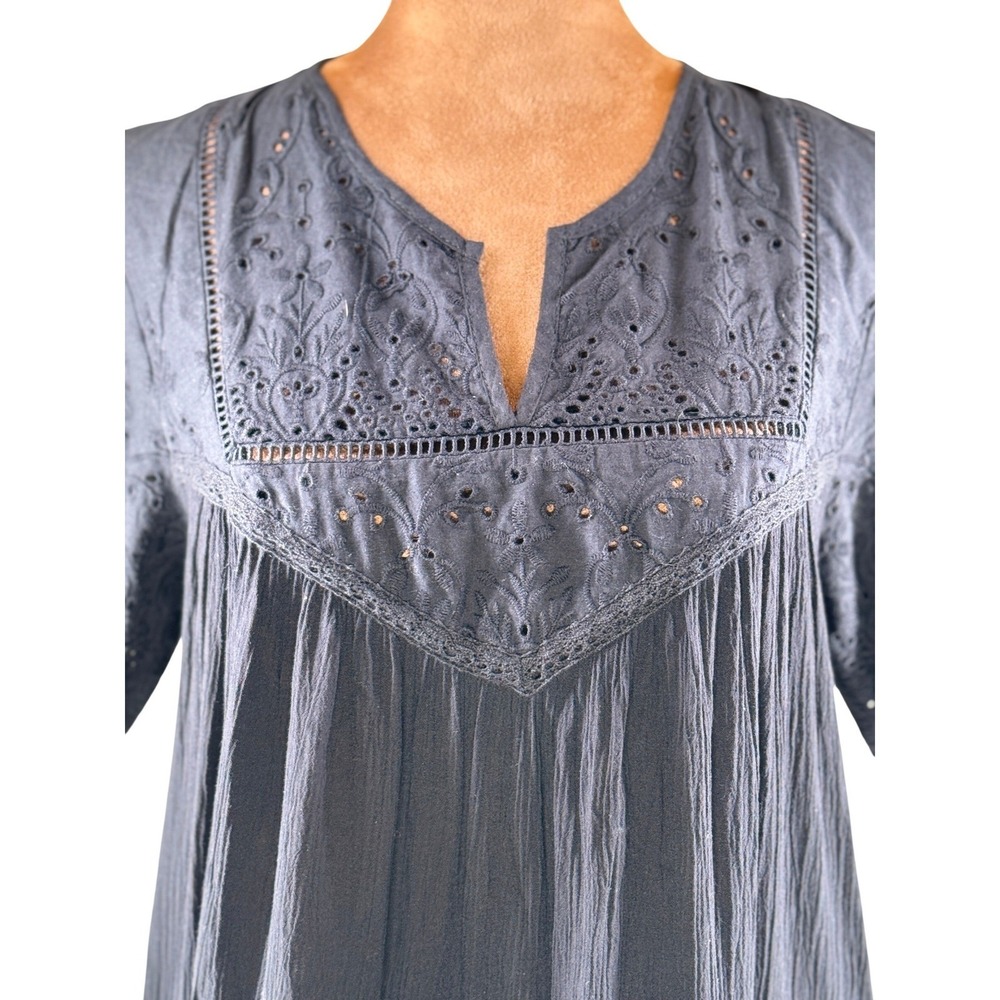 Boho Eyelet Embroidered Tunic Top Womens M Black Knox Rose Cotton NWOT Blouse